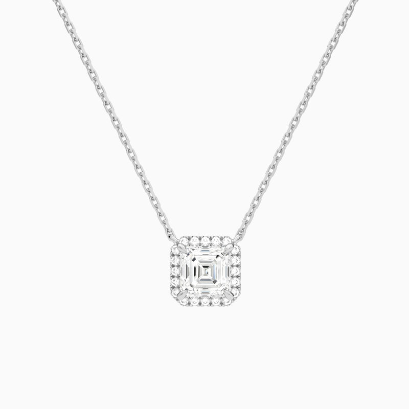 Asscher Halo Lab Grown Diamond Necklace In 18K White Gold - Lucenjuri