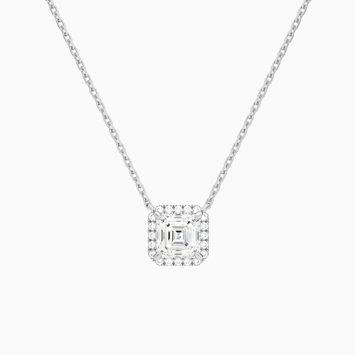 Asscher Halo Lab Grown Diamond Necklace In 18K White Gold - Lucenjuri