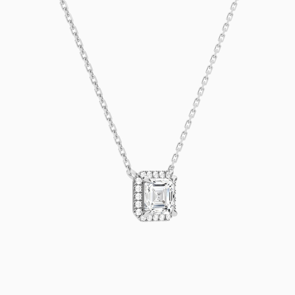 Asscher Halo Lab Grown Diamond Necklace In 14K White Gold - Front Angle View