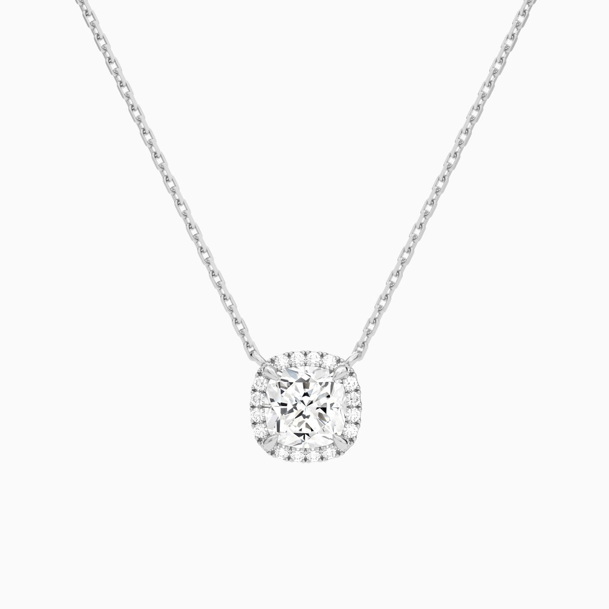 Cushion Halo Lab Grown Diamond Necklace In 18K White Gold - Lucenjuri