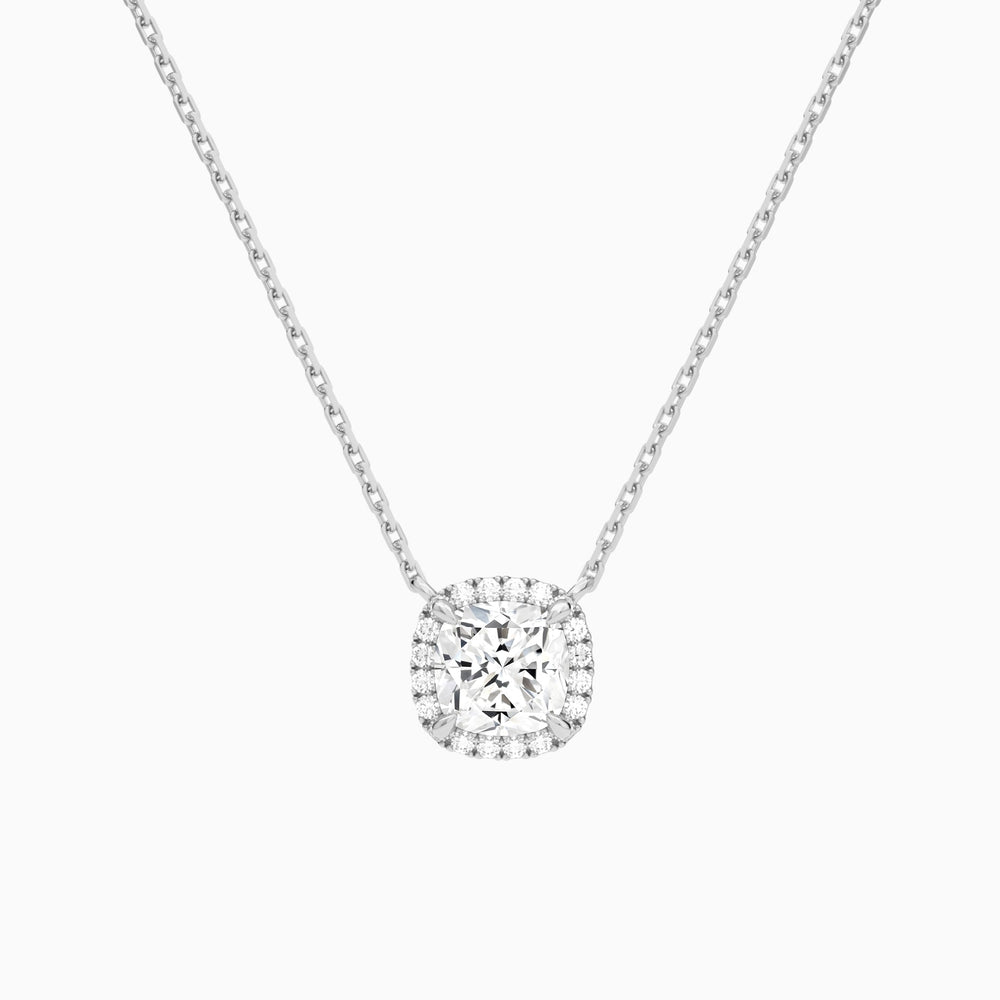 Cushion Halo Lab Grown Diamond Necklace In 14K White Gold - Lucenjuri