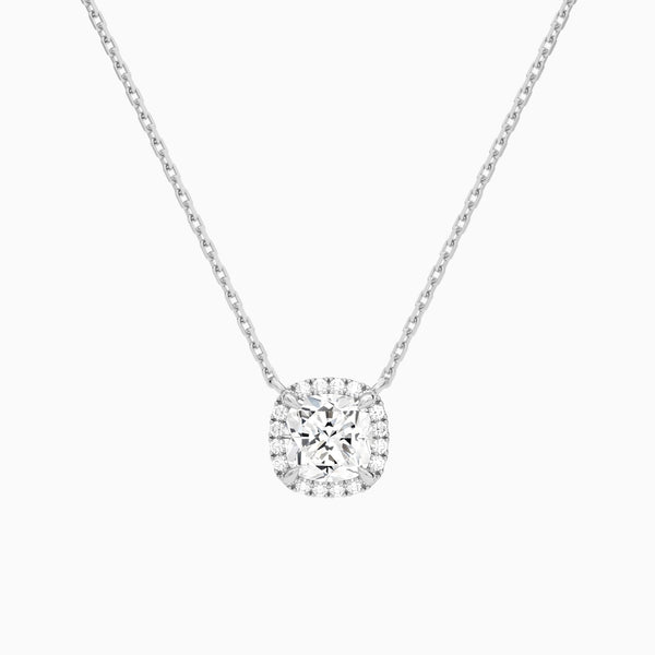 Cushion Halo Lab Grown Diamond Necklace In 14K White Gold - Lucenjuri