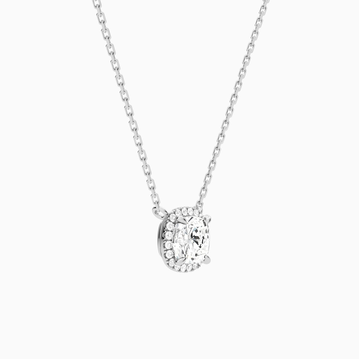 Cushion Halo Lab Grown Diamond Necklace In 14K White Gold - Front Angle View