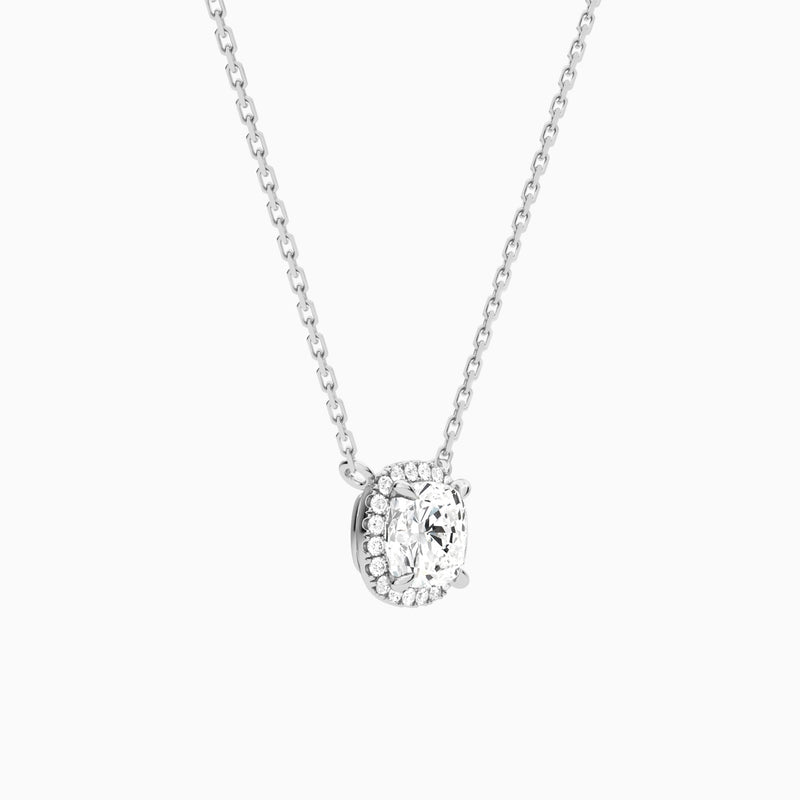 Cushion Halo Lab Grown Diamond Necklace In 18K White Gold - Front Angle View