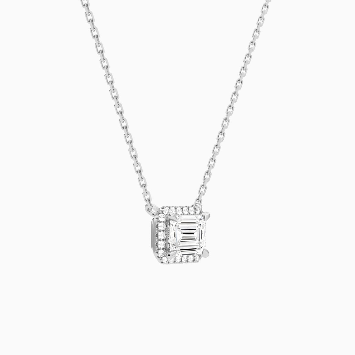 Emerald Halo Lab Grown Diamond Necklace In 18K White Gold - Front Angle View