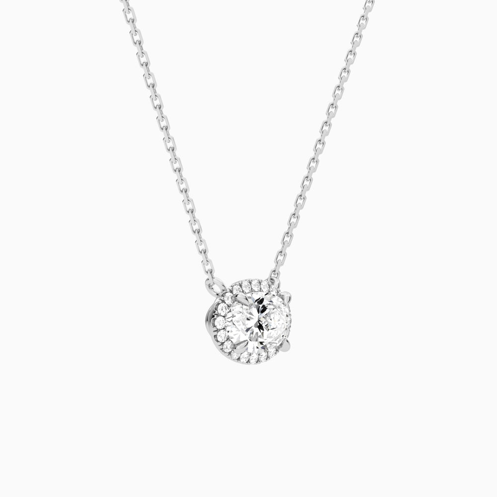 Oval Halo Lab Grown Diamond Necklace In 14K White Gold - Front Angle View