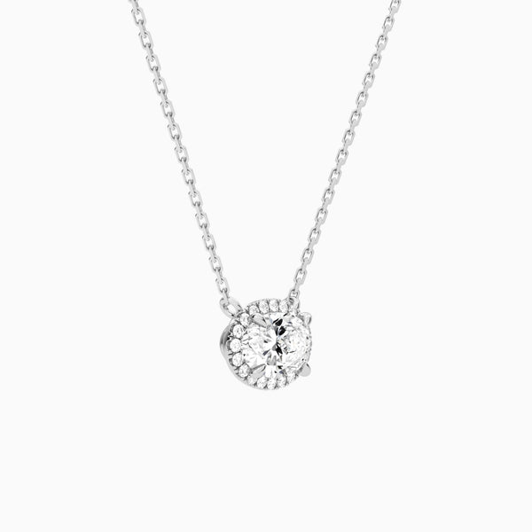 Oval Halo Lab Grown Diamond Necklace In 14K White Gold - Front Angle View