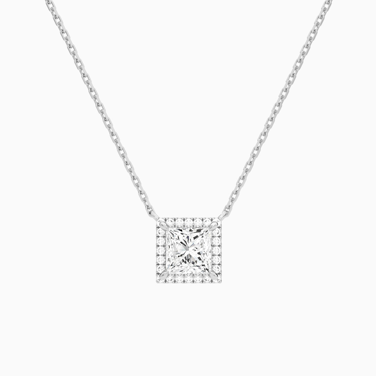 Princess Halo Lab Grown Diamond Necklace In 14K White Gold - Lucenjuri