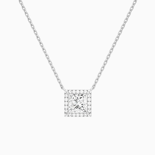 Princess Halo Lab Grown Diamond Necklace In 14K White Gold - Lucenjuri