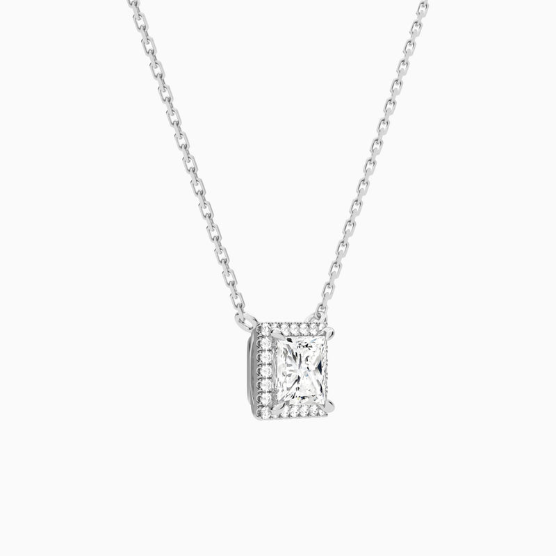 Princess Halo Lab Grown Diamond Necklace In 18K White Gold - Front Angle View
