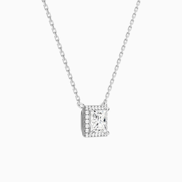 Princess Halo Lab Grown Diamond Necklace In 14K White Gold - Front Angle View