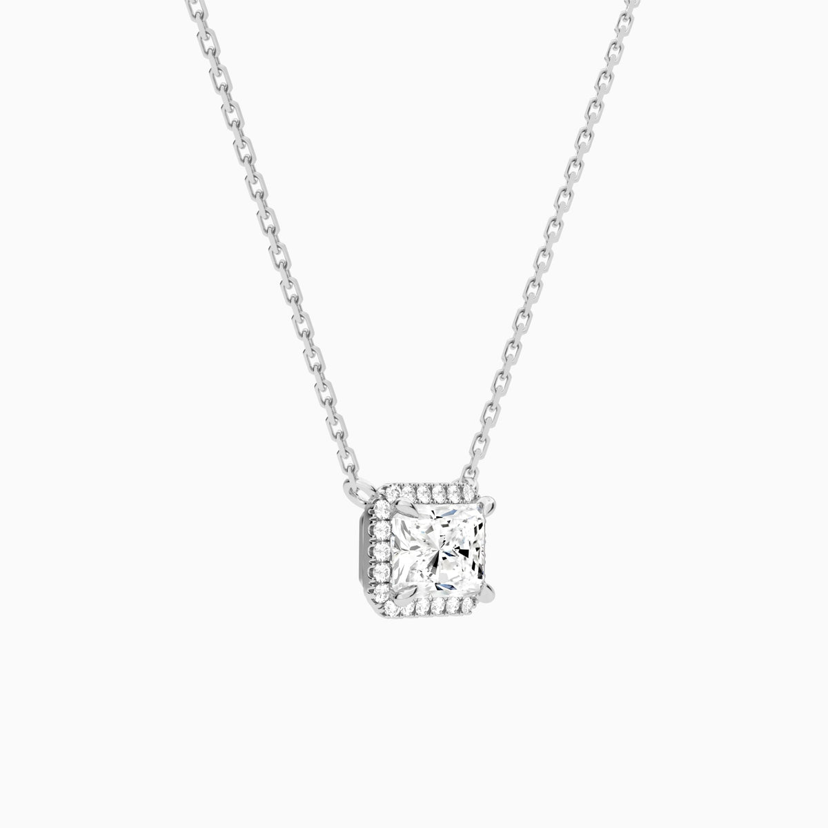 Radiant Halo Lab Grown Diamond Necklace In 14K White Gold - Front Angle View