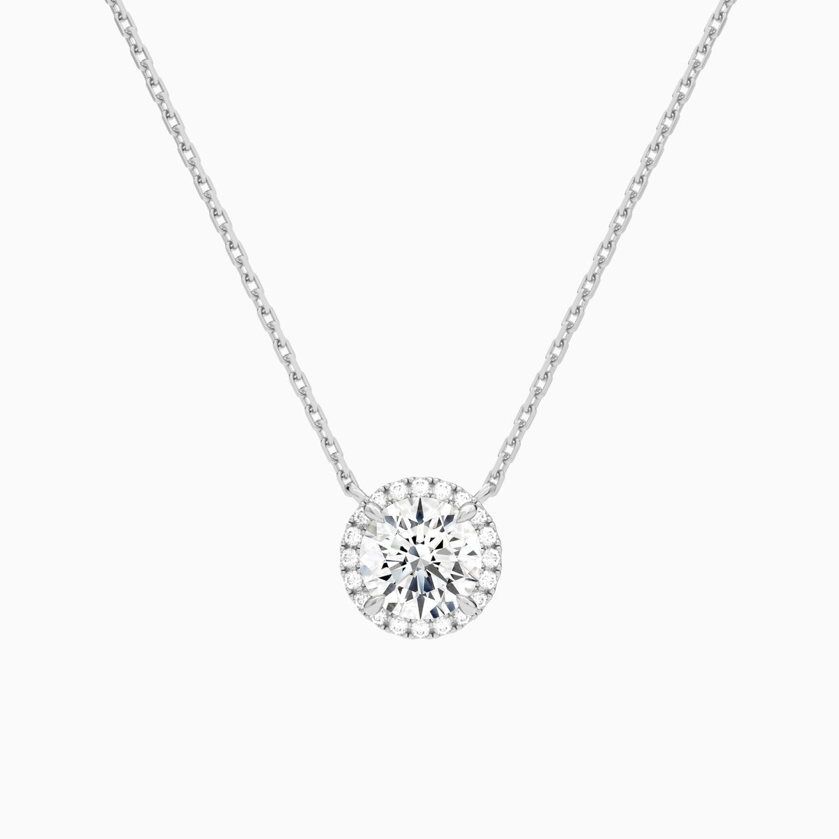 Round Halo Lab Grown Diamond Necklace In 14K White Gold - Lucenjuri