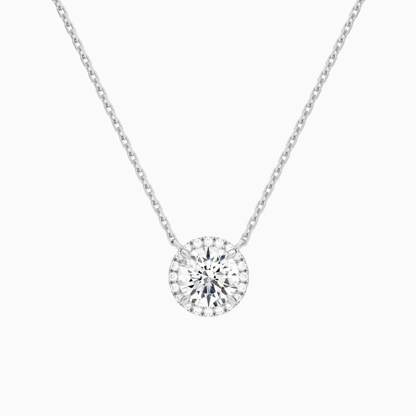 Round Halo Lab Grown Diamond Necklace In 14K White Gold - Lucenjuri