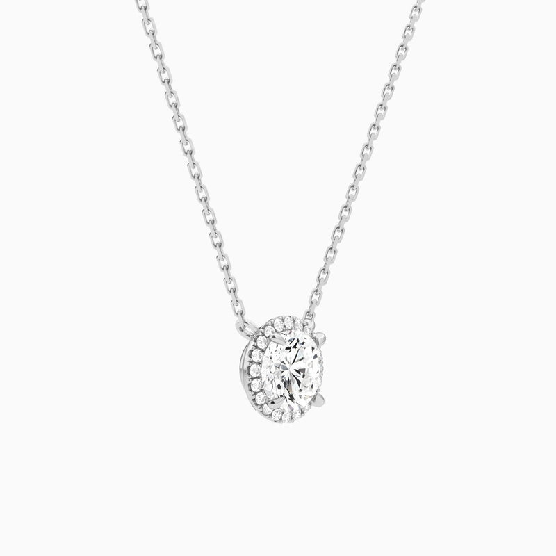 Round Halo Lab Grown Diamond Necklace In 14K White Gold - Front Angle View