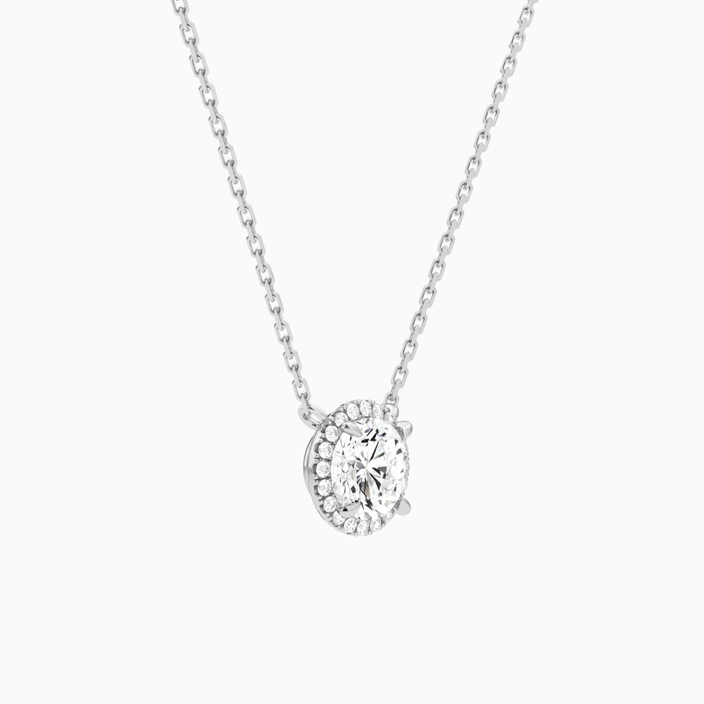 Round Halo Lab Grown Diamond Necklace In 14K White Gold - Front Angle View