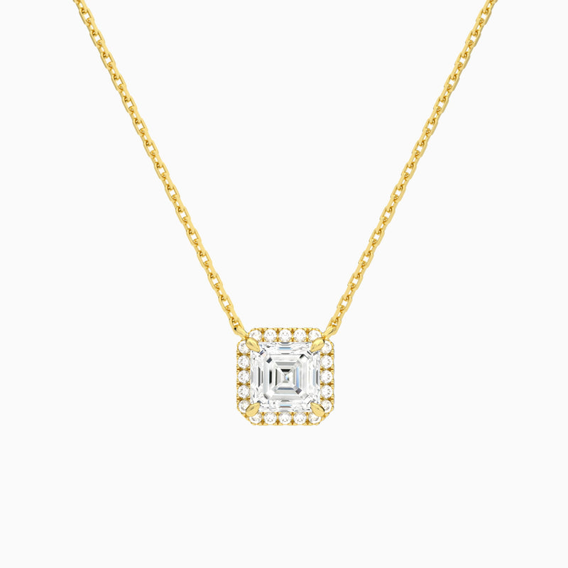 Asscher Halo Lab Grown Diamond Necklace In 18K Yellow Gold - Lucenjuri