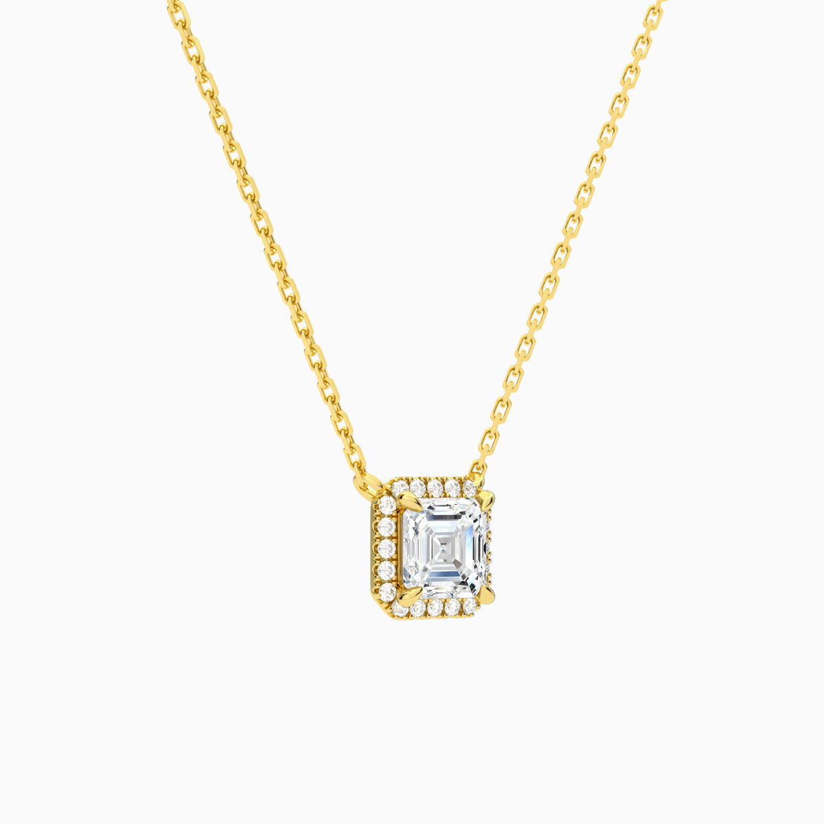 Asscher Halo Lab Grown Diamond Necklace In 18K Yellow Gold - Front Angle View