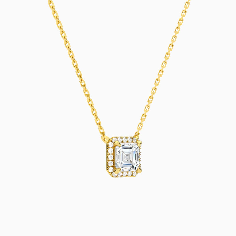 Asscher Halo Lab Grown Diamond Necklace In 14K Yellow Gold - Front Angle View