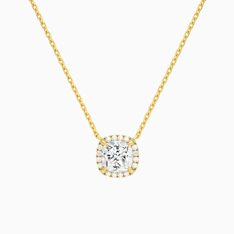 Cushion Halo Lab Grown Diamond Necklace In 18K Yellow Gold - Lucenjuri