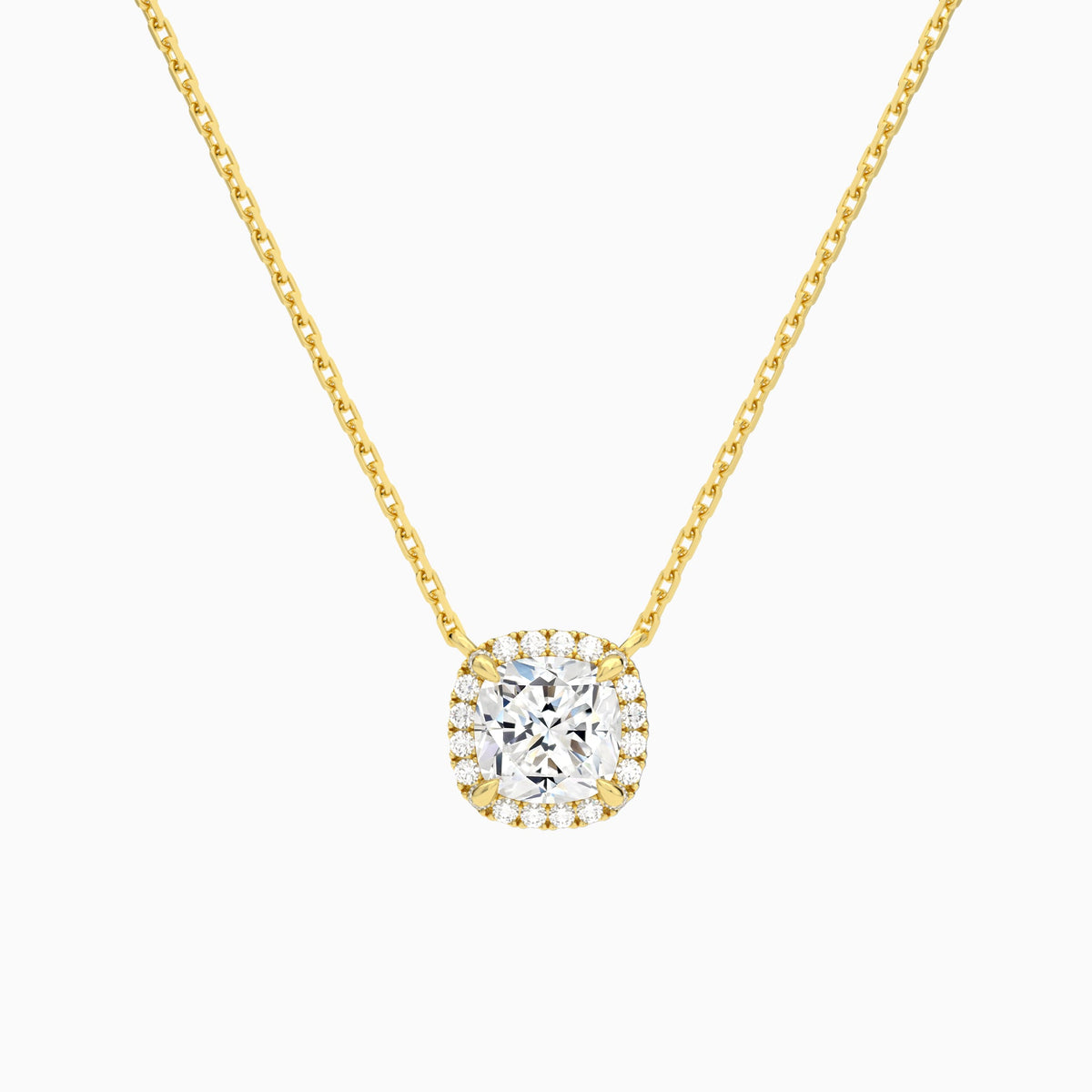 Cushion Halo Lab Grown Diamond Necklace In 18K Yellow Gold - Lucenjuri