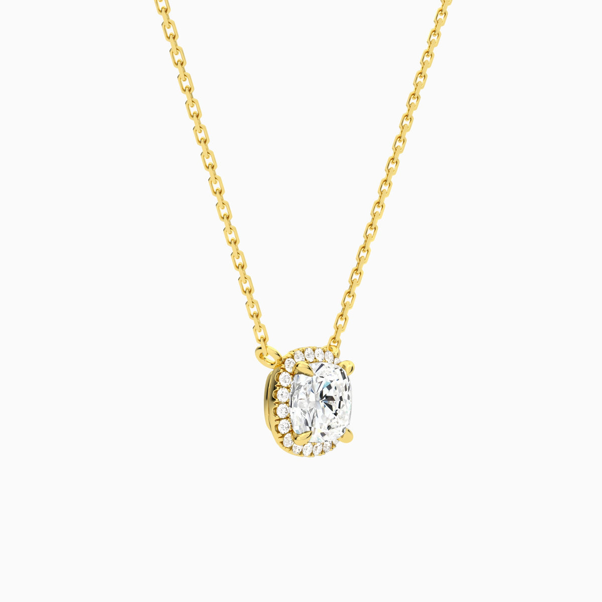 Cushion Halo Lab Grown Diamond Necklace In 14K Yellow Gold - Front Angle View