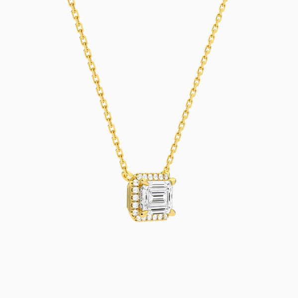 Emerald Halo Lab Grown Diamond Necklace In 14K Yellow Gold - Front Angle View