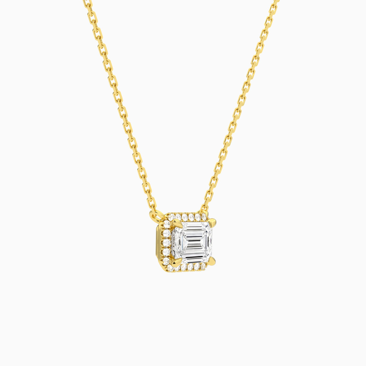 Emerald Halo Lab Grown Diamond Necklace In 18K Yellow Gold - Front Angle View