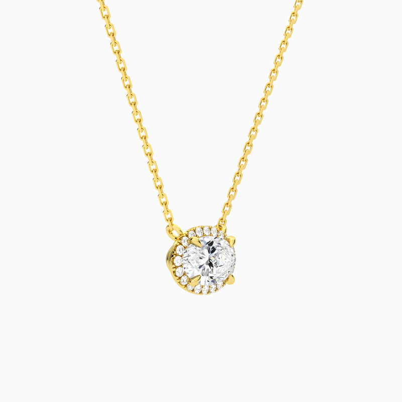 Oval Halo Lab Grown Diamond Necklace In 18K Yellow Gold - Front Angle View
