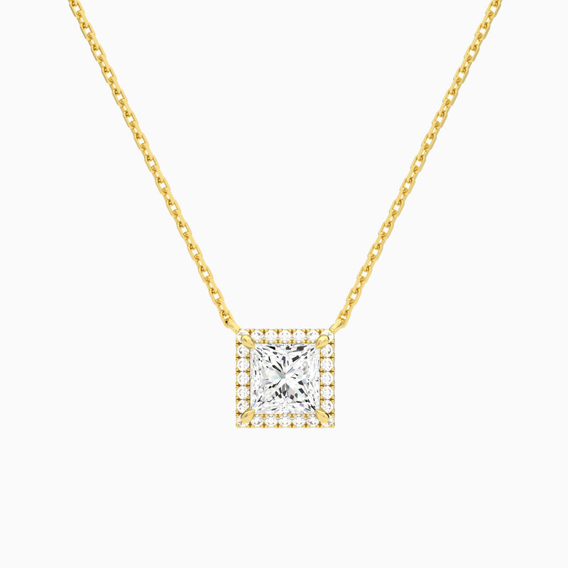 Princess Halo Lab Grown Diamond Necklace In 18K Yellow Gold - Lucenjuri