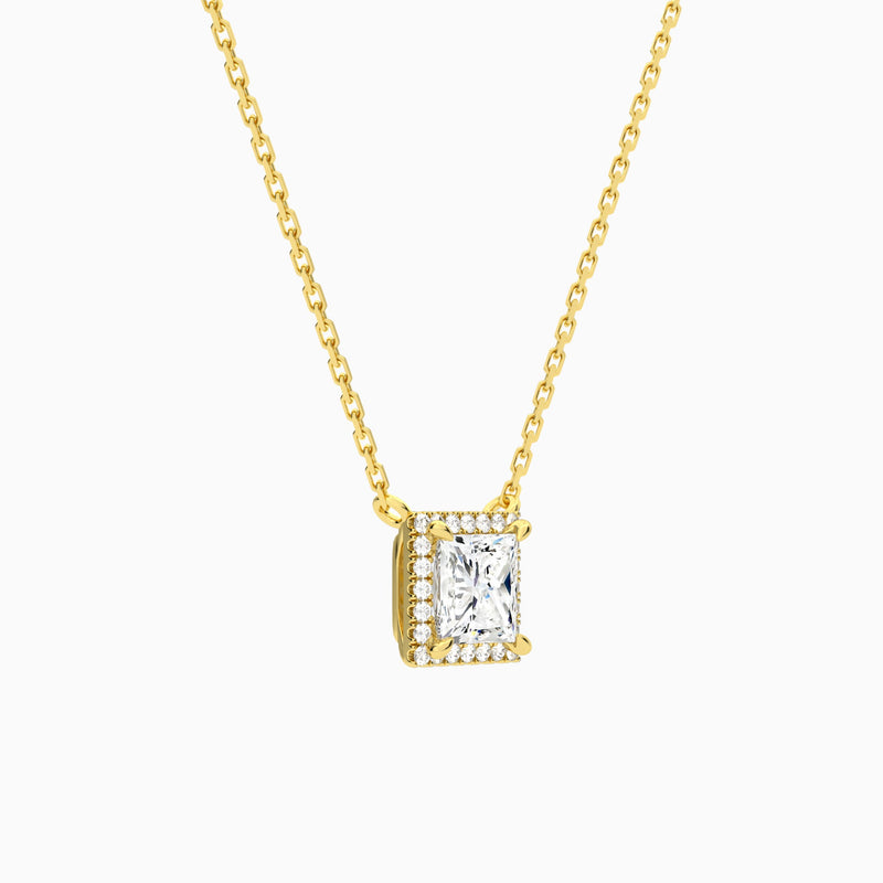 Princess Halo Lab Grown Diamond Necklace In 14K Yellow Gold - Front Angle View