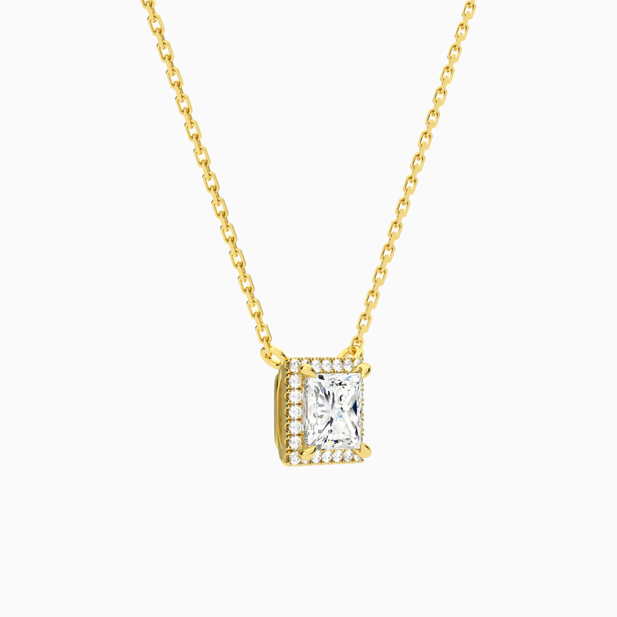 Princess Halo Lab Grown Diamond Necklace In 14K Yellow Gold - Front Angle View