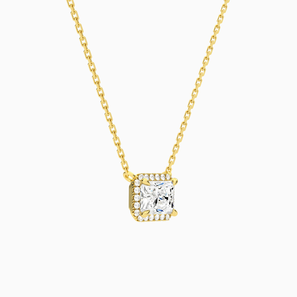 Radiant Halo Lab Grown Diamond Necklace In 18K Yellow Gold - Front Angle View