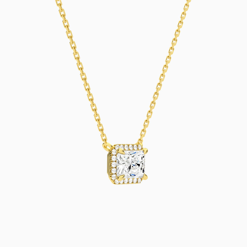 Radiant Halo Lab Grown Diamond Necklace In 14K Yellow Gold - Front Angle View