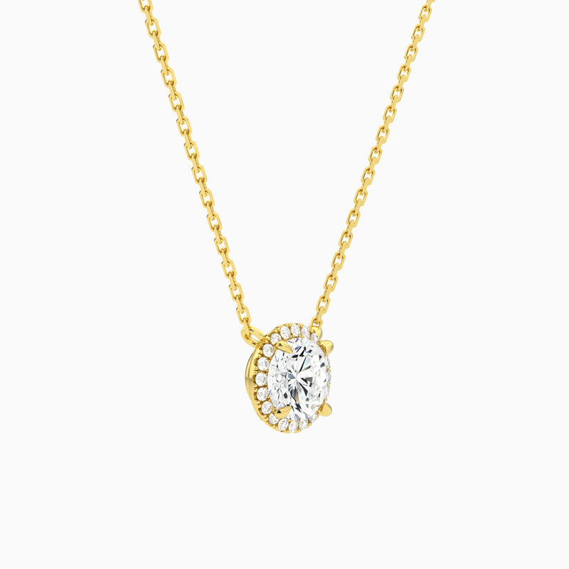 Round Halo Lab Grown Diamond Necklace In 14K Yellow Gold - Front Angle View