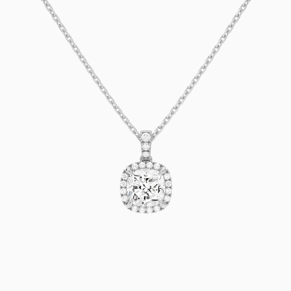 Cushion Halo Lab Diamond Pavé Bail Pendant in Platinum - Lucenjuri
