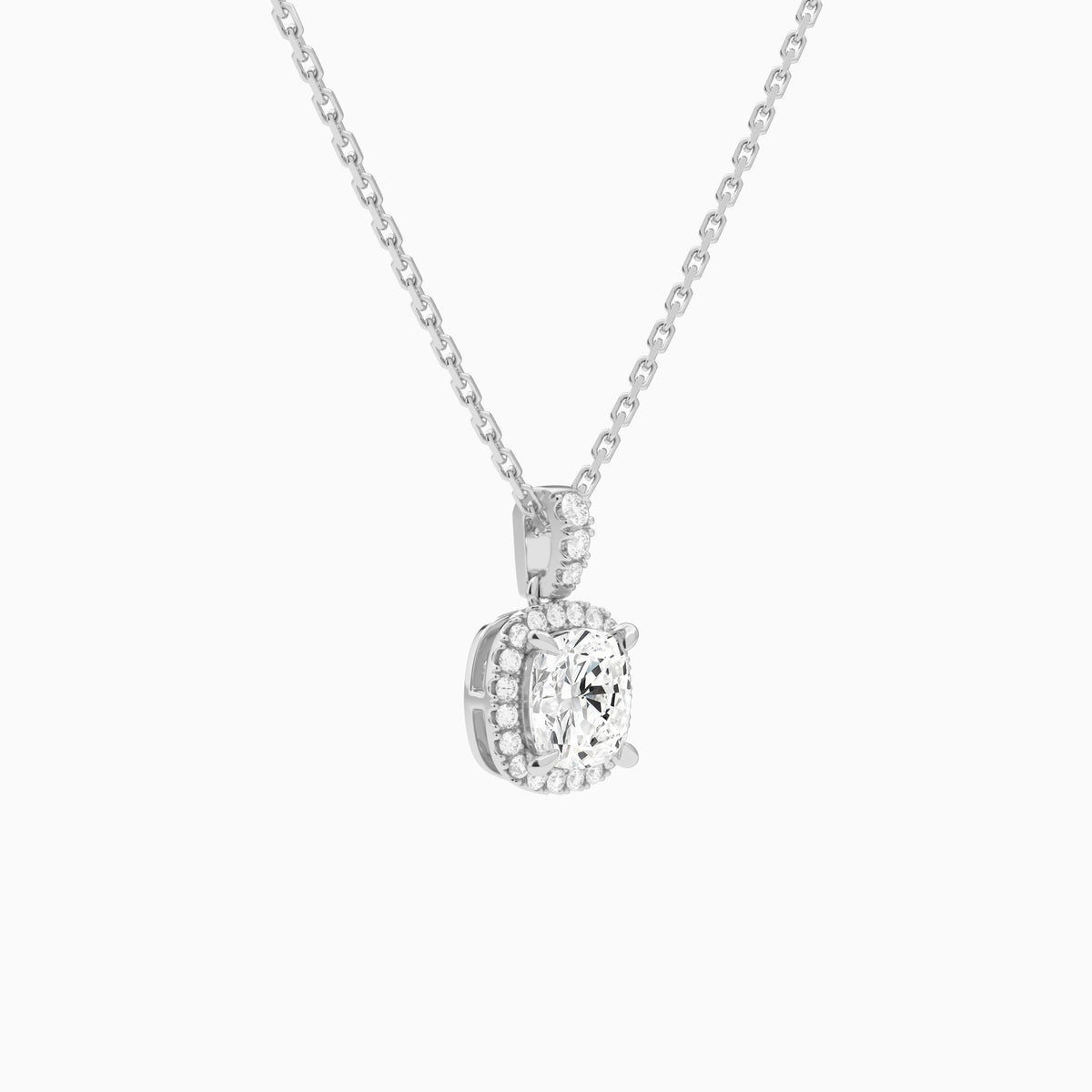 Cushion Halo Lab Diamond Pavé Bail Pendant in Platinum - Front Angle View