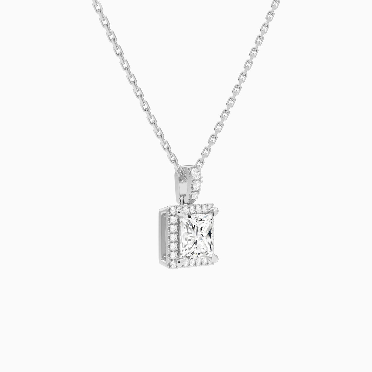 Princess Halo Lab Diamond Pavé Bail Pendant in Platinum - Front Angle View