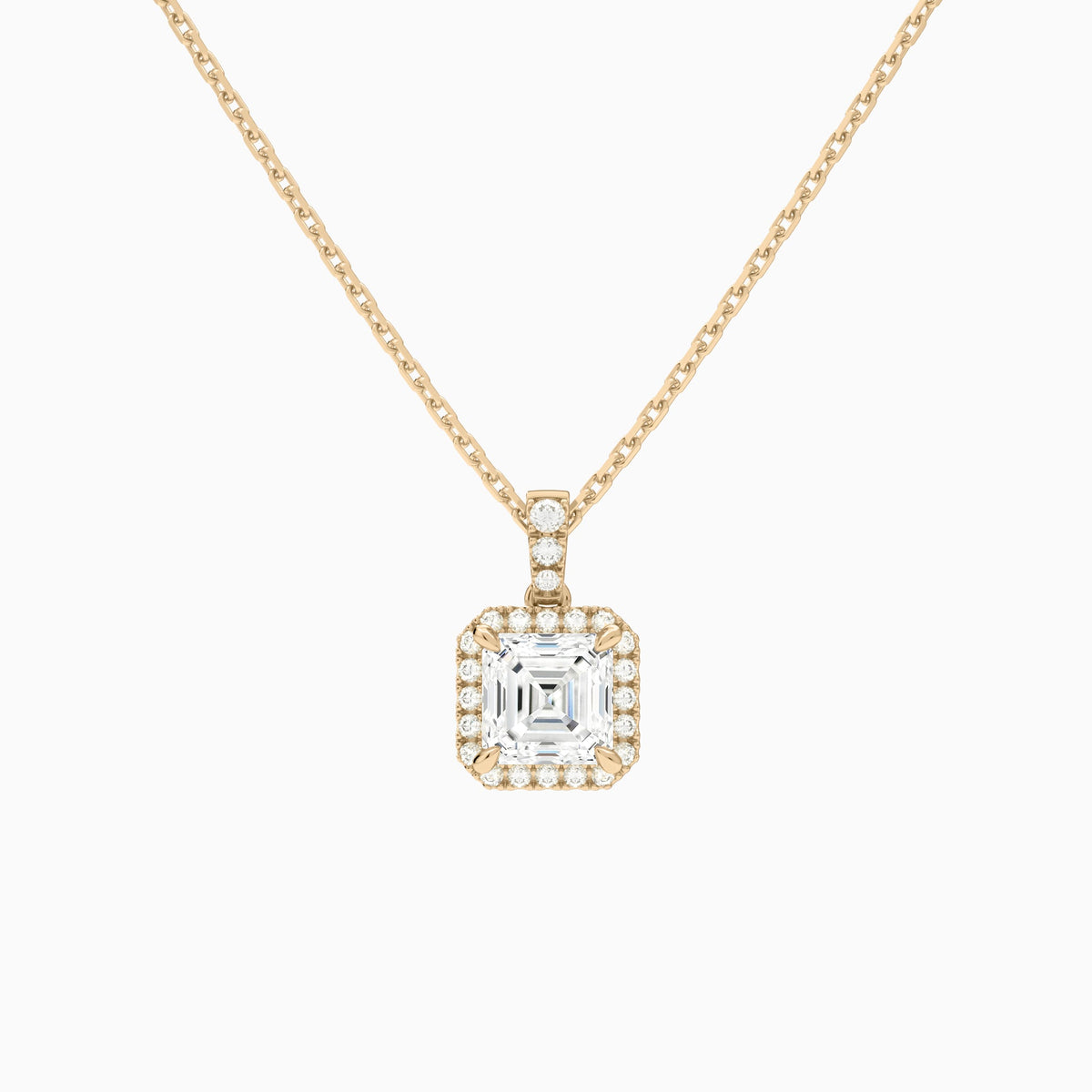 Asscher Halo Lab Diamond Pavé Bail Pendant in 14K Rose Gold - Lucenjuri