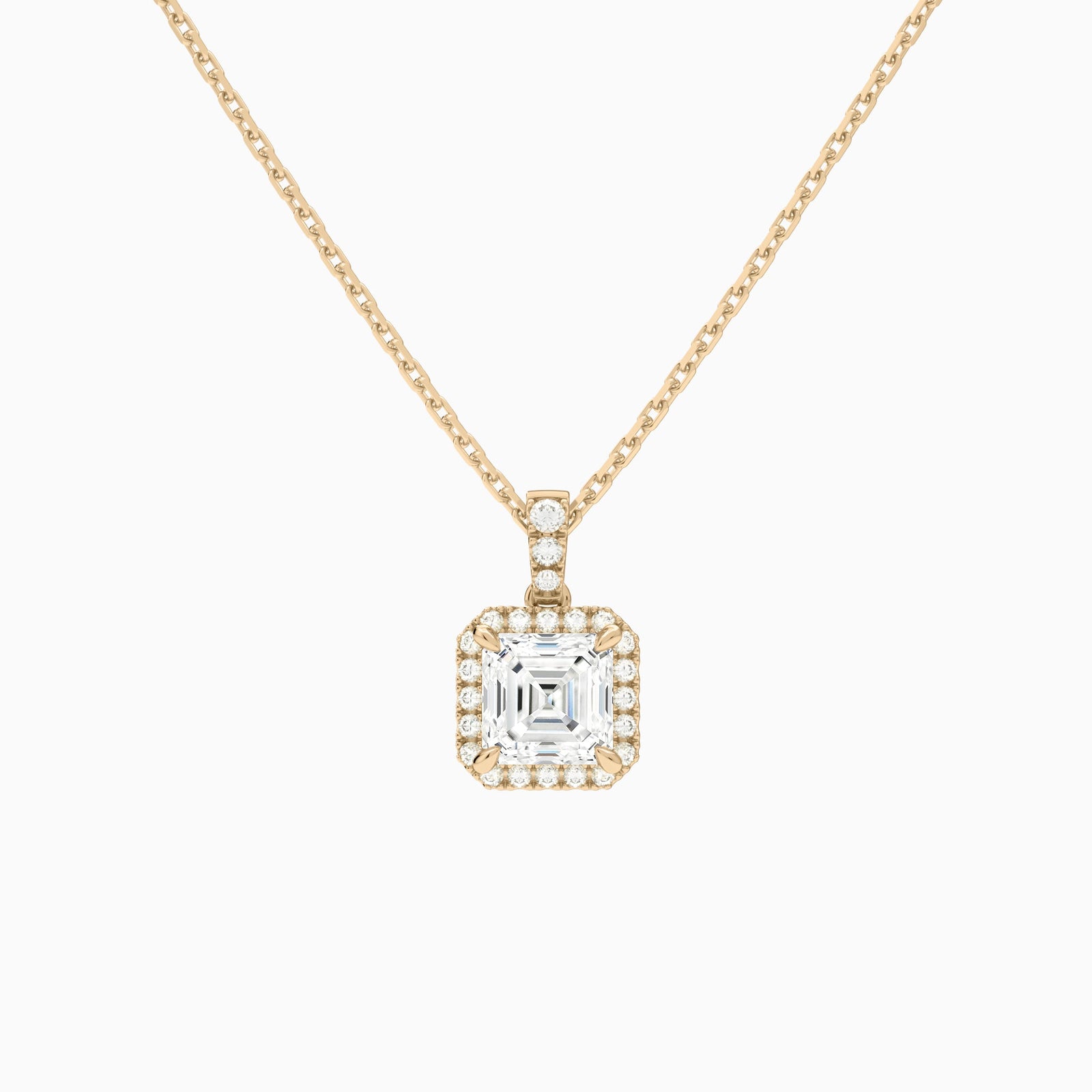 Asscher Halo Lab Diamond Pavé Bail Pendant in 14K Rose Gold - Lucenjuri