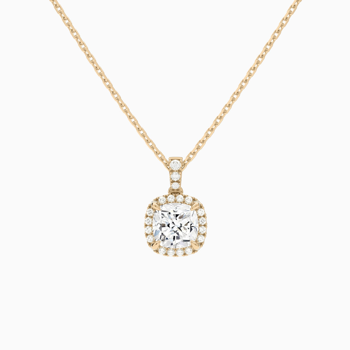 Cushion Halo Lab Diamond Pavé Bail Pendant in 14K Rose Gold - Lucenjuri