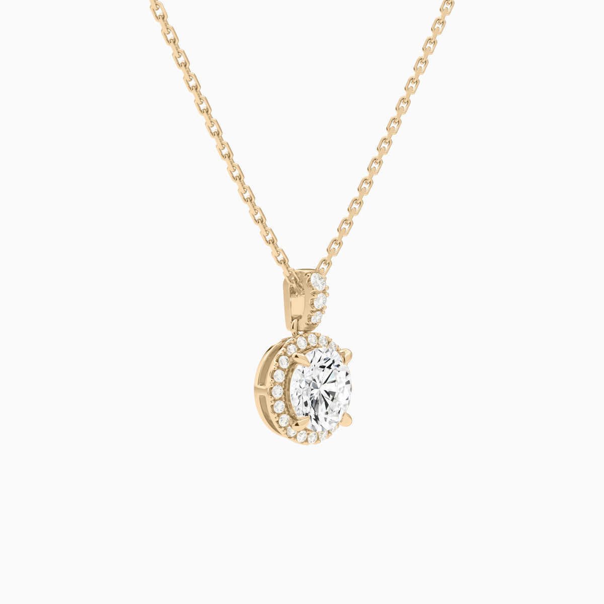 Round Halo Lab Diamond Pavé Bail Pendant in 14K Rose Gold - Front Angle View