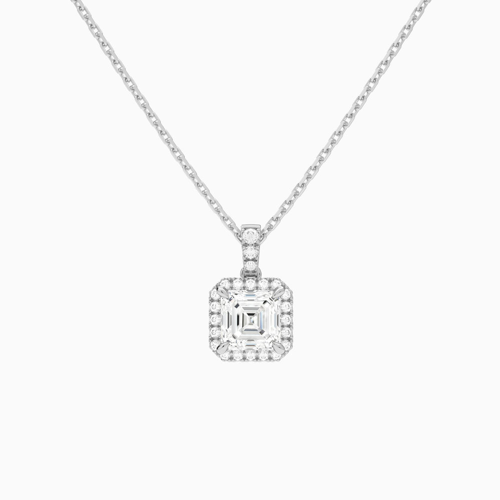 Asscher Halo Lab Diamond Pavé Bail Pendant in 14K White Gold - Lucenjuri