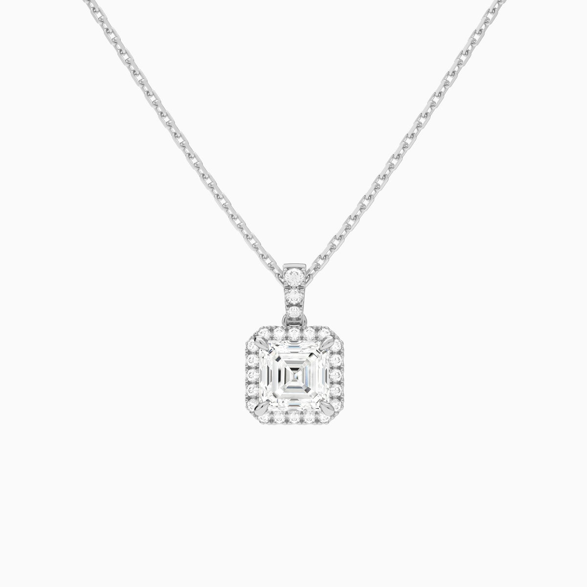 Asscher Halo Lab Diamond Pavé Bail Pendant in 14K White Gold - Lucenjuri