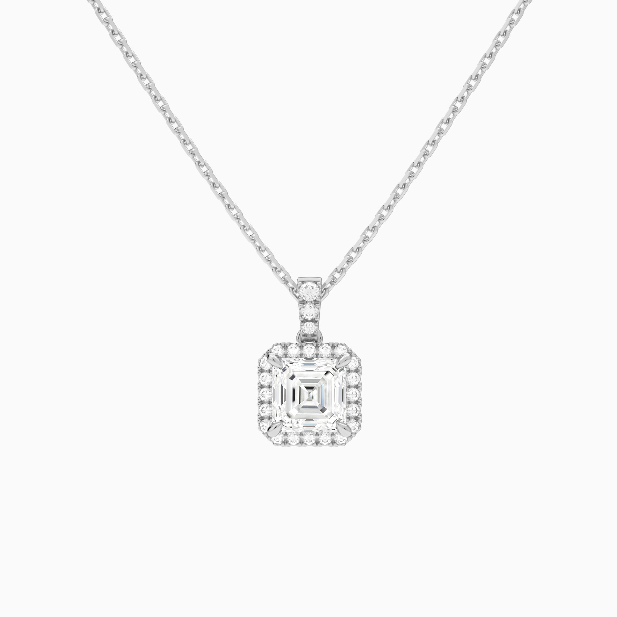 Asscher Halo Lab Diamond Pavé Bail Pendant in 14K White Gold - Lucenjuri