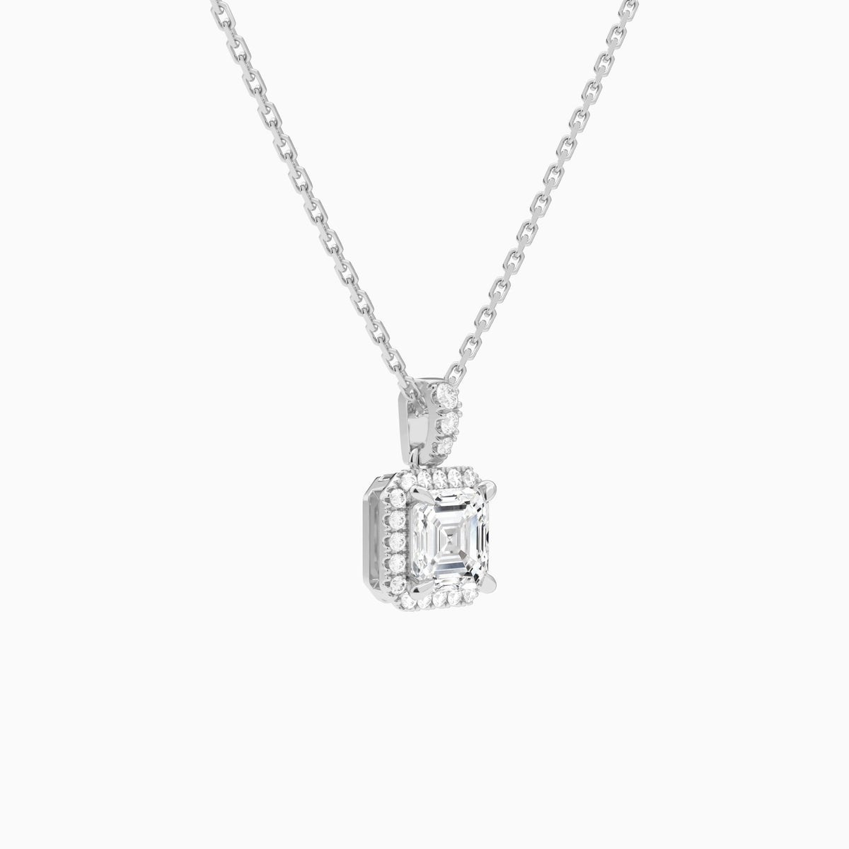 Asscher Halo Lab Diamond Pavé Bail Pendant in 18K White Gold - Front Angle View