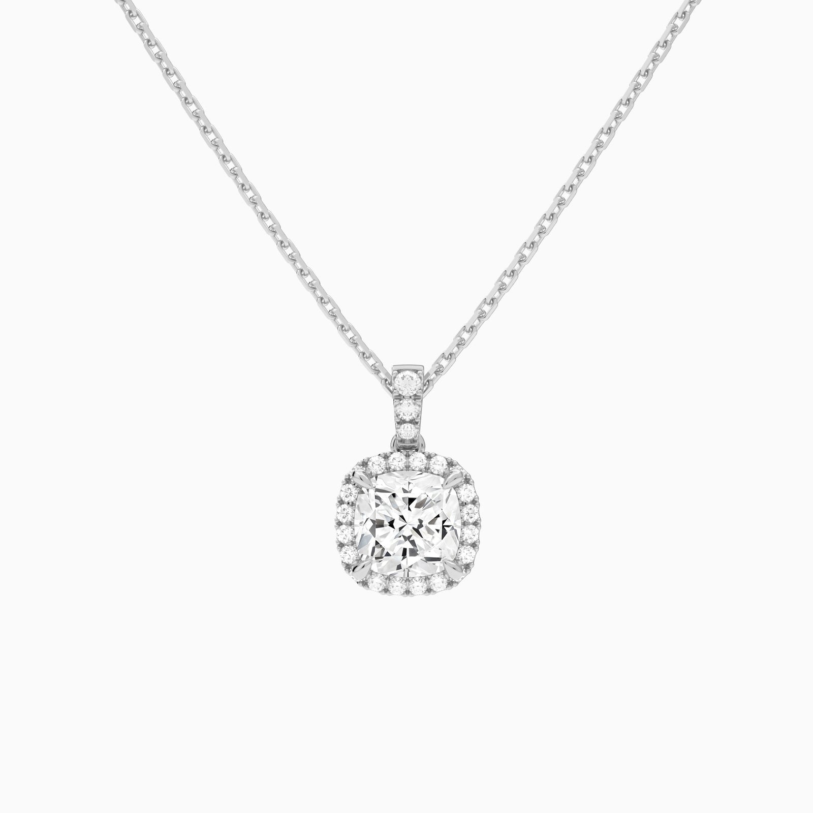 Cushion Halo Lab Diamond Pavé Bail Pendant in 18K White Gold - Lucenjuri