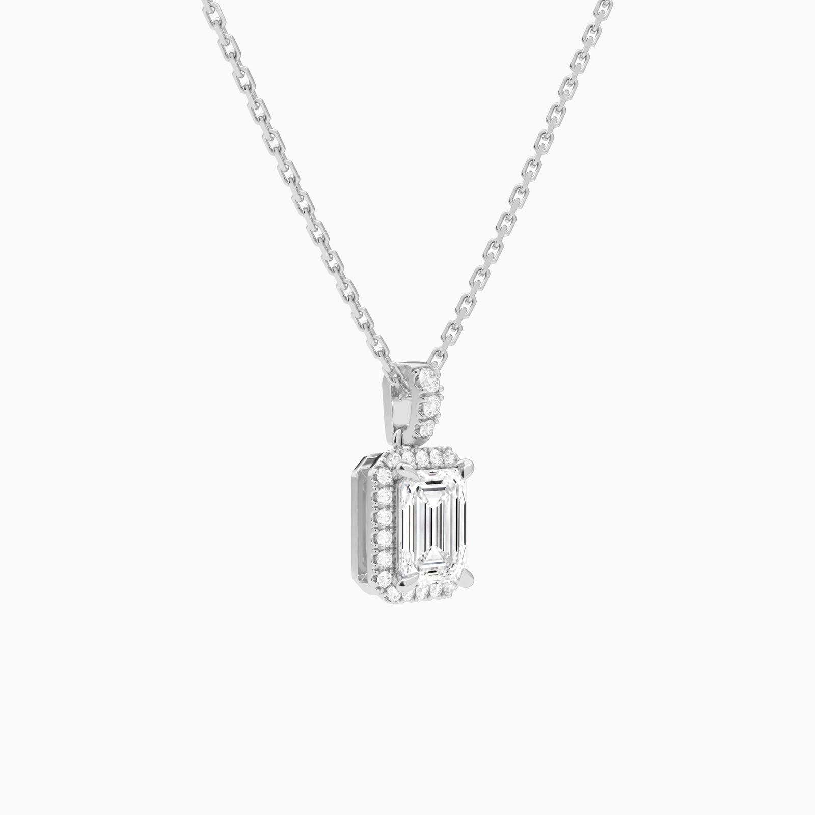 Emerald Halo Lab Diamond Pavé Bail Pendant in 18K White Gold - Front Angle View