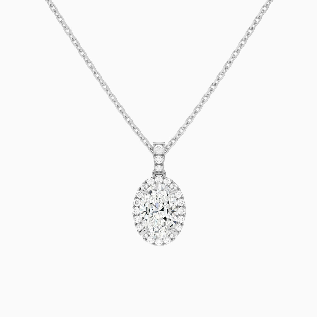 Oval Halo Lab Diamond Pavé Bail Pendant in 18K White Gold - Lucenjuri