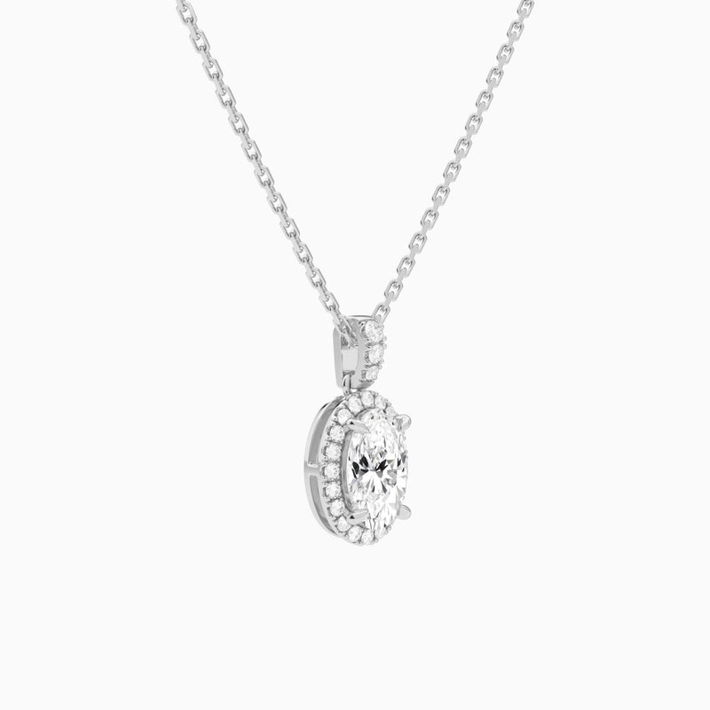 Oval Halo Lab Diamond Pavé Bail Pendant in 14K White Gold - Front Angle View